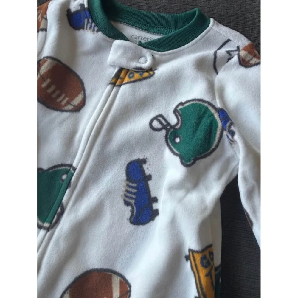 NWT Carter's Baby Boy 12M Football Fleece Footed Pajamas Sleep Play White Green